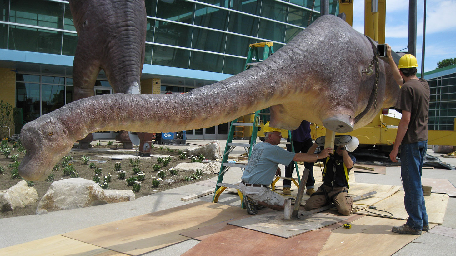 Installation of Seymour and Riad dinosaurs in the welcome center