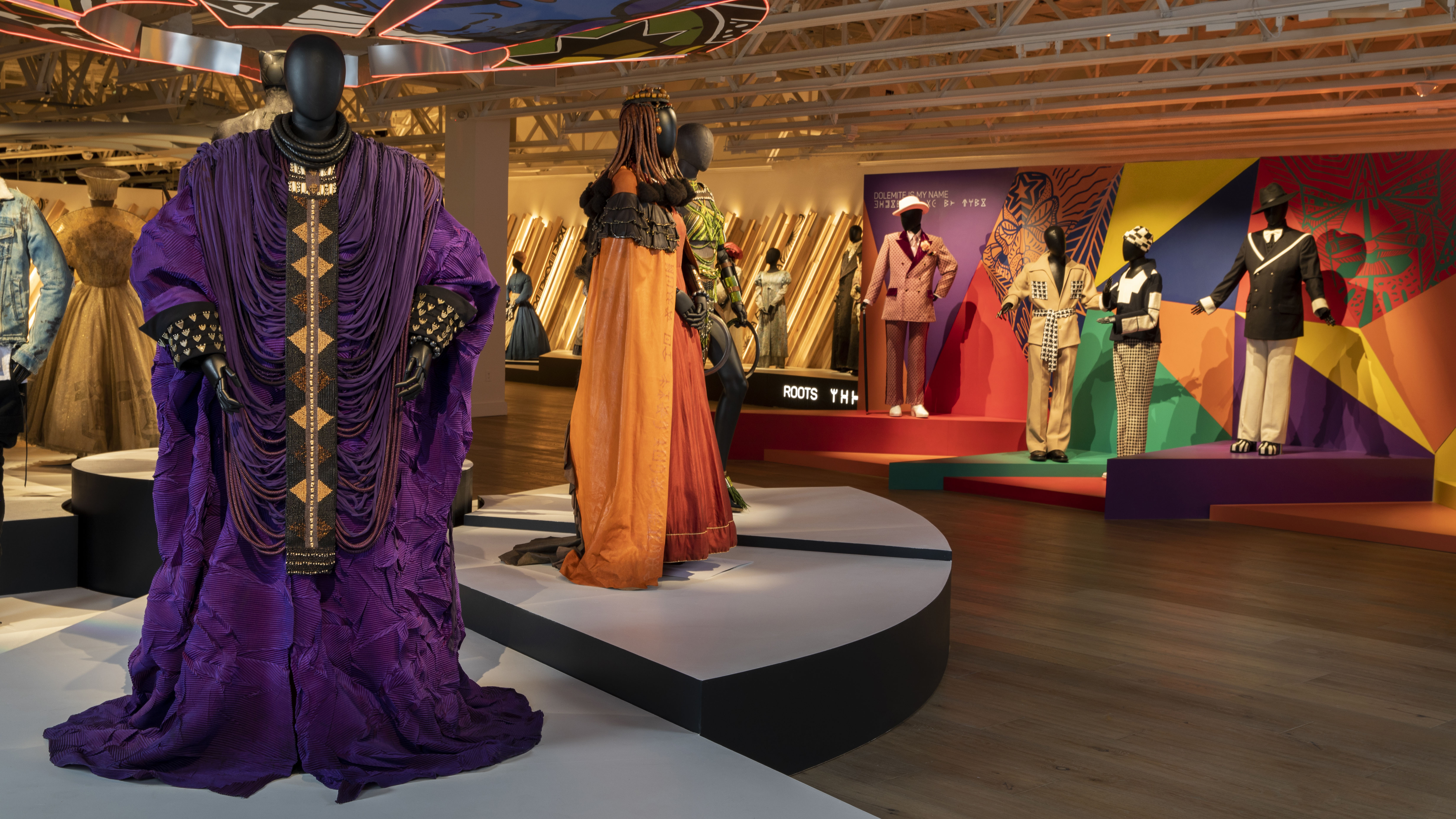 View of costumes in the Ruth E. Carter exhibit