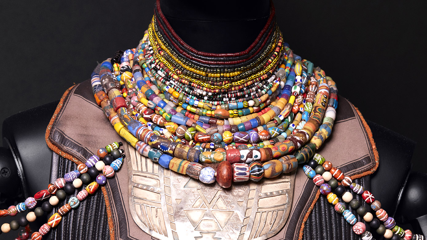 Close up of bead work on a costume