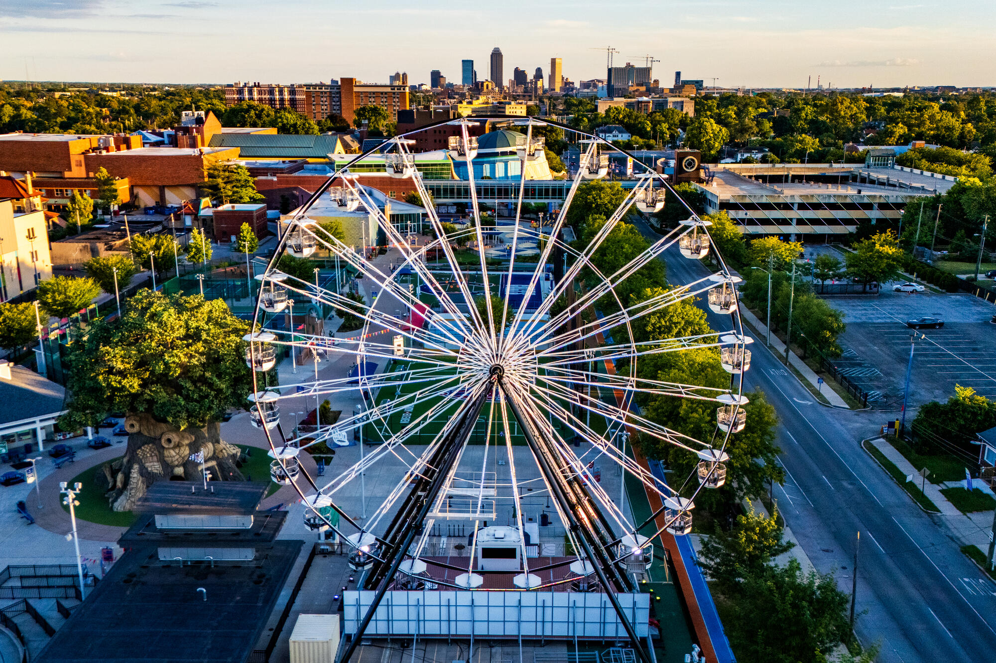 Aerial view of Centennial Ferris Wheel with downtown Indianapolis skyline in the background.
