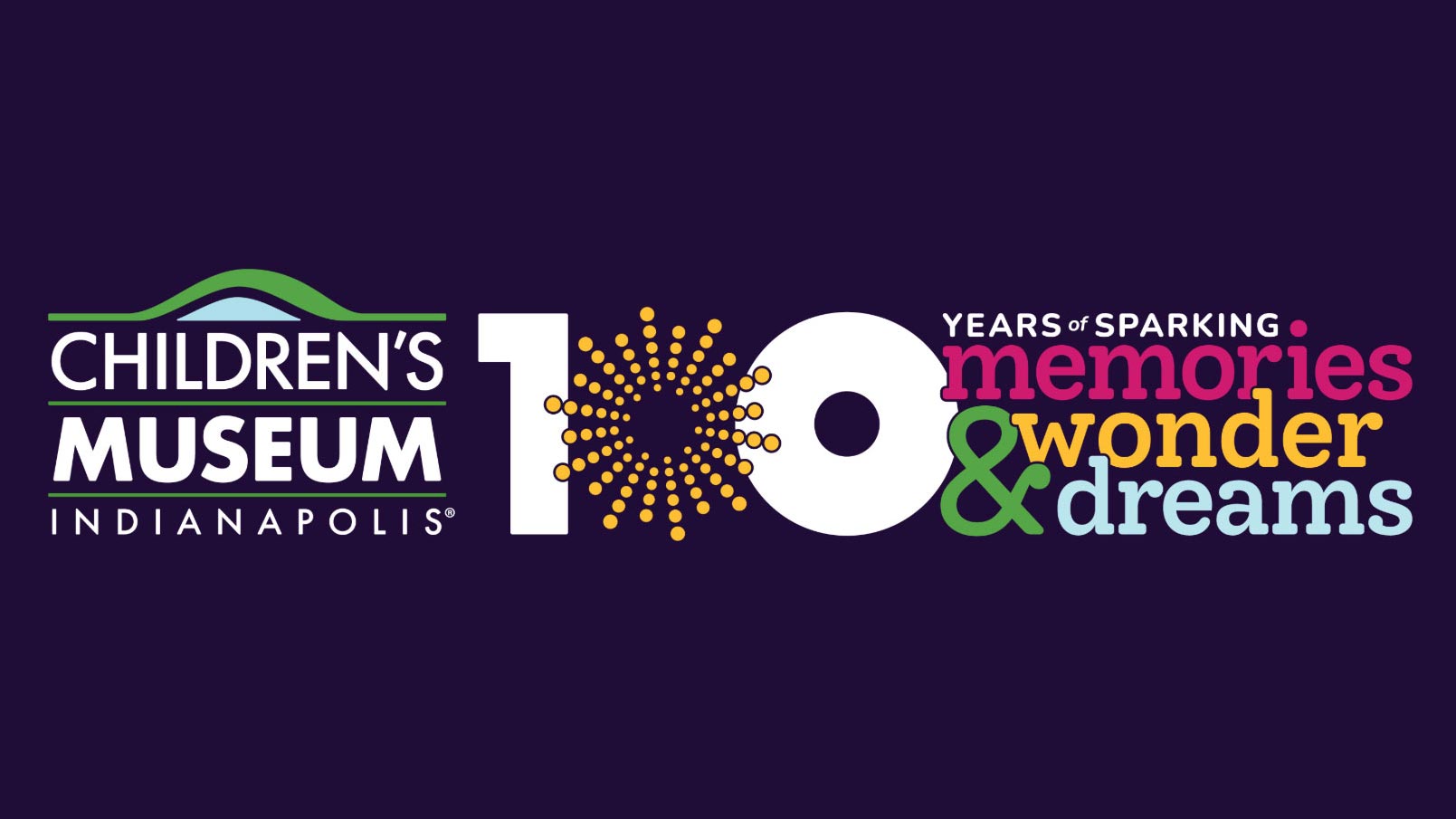 The Children's Museum of Indianapolis celebrating 100 years of memories, wonders, and dreams logo.