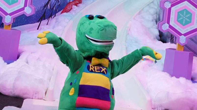 Rex at the bottom of WinterSlide in the Sunburst Atrium.