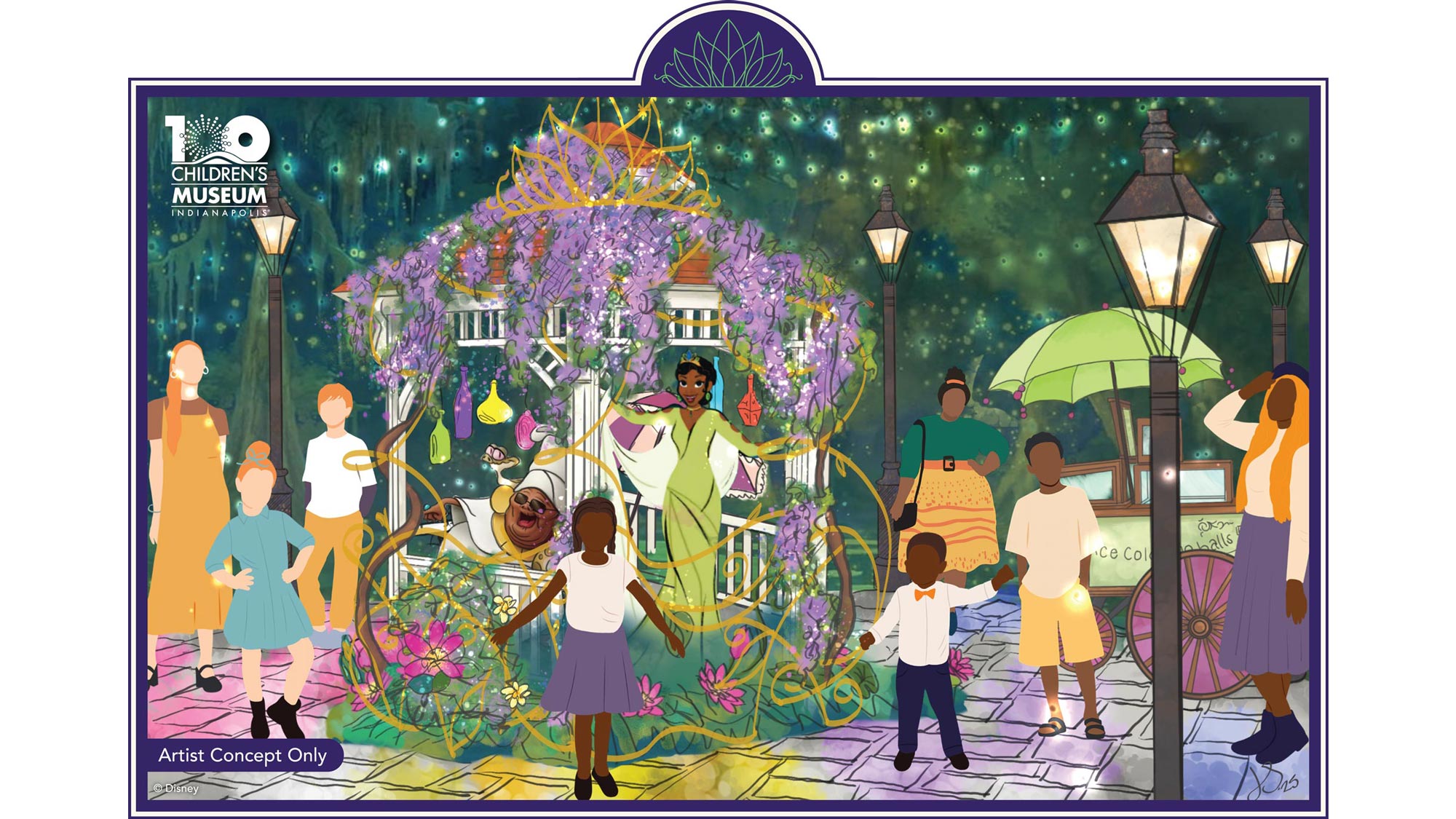 Drawing of Tiana standing in gazebo inside exhibit. Artist concept only.
