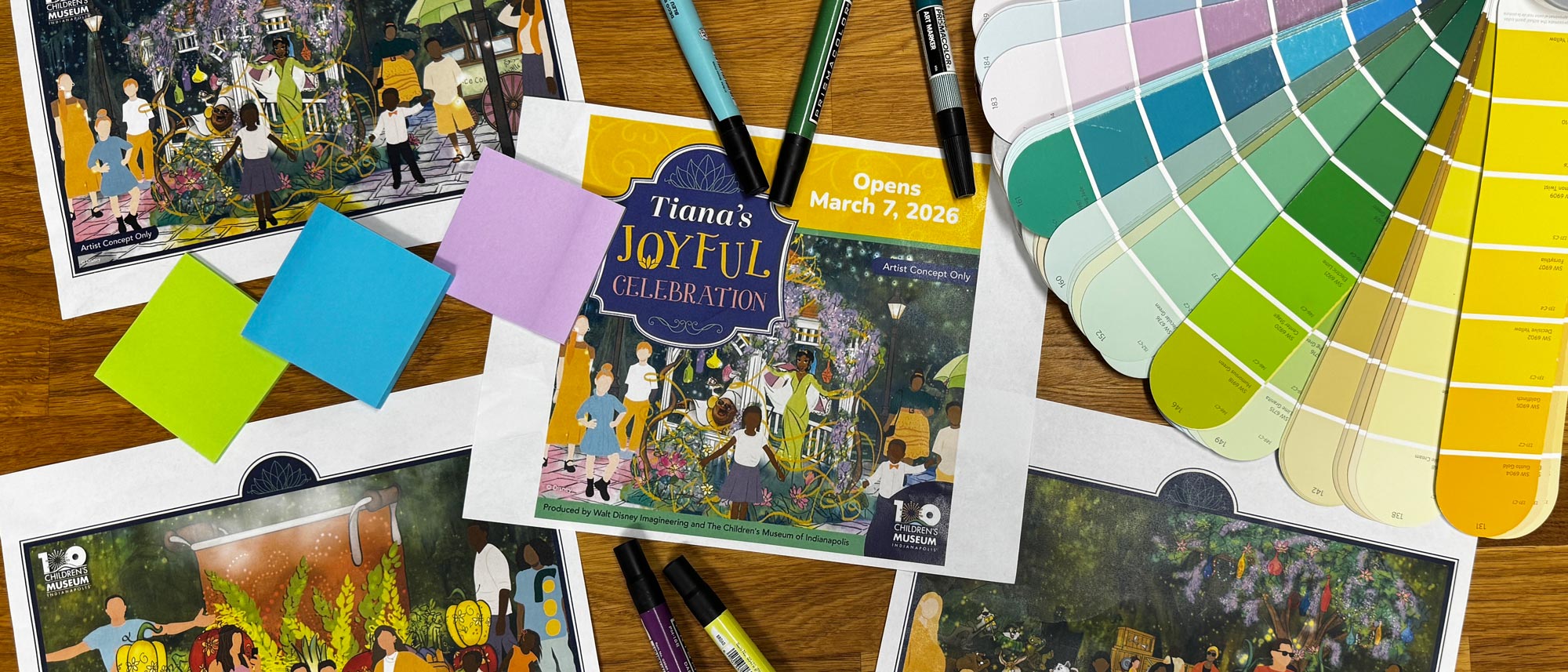 Tiana's Joyful Celebration logo with exhibit concept drawings and artist tools.