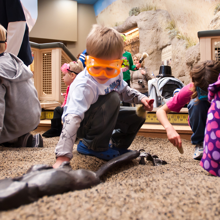 A young boy wearing bright orange safety goggles and a long-sleeved shirt uses a brush to uncover a fossil in a indoor sandbox exhibit at a museum.