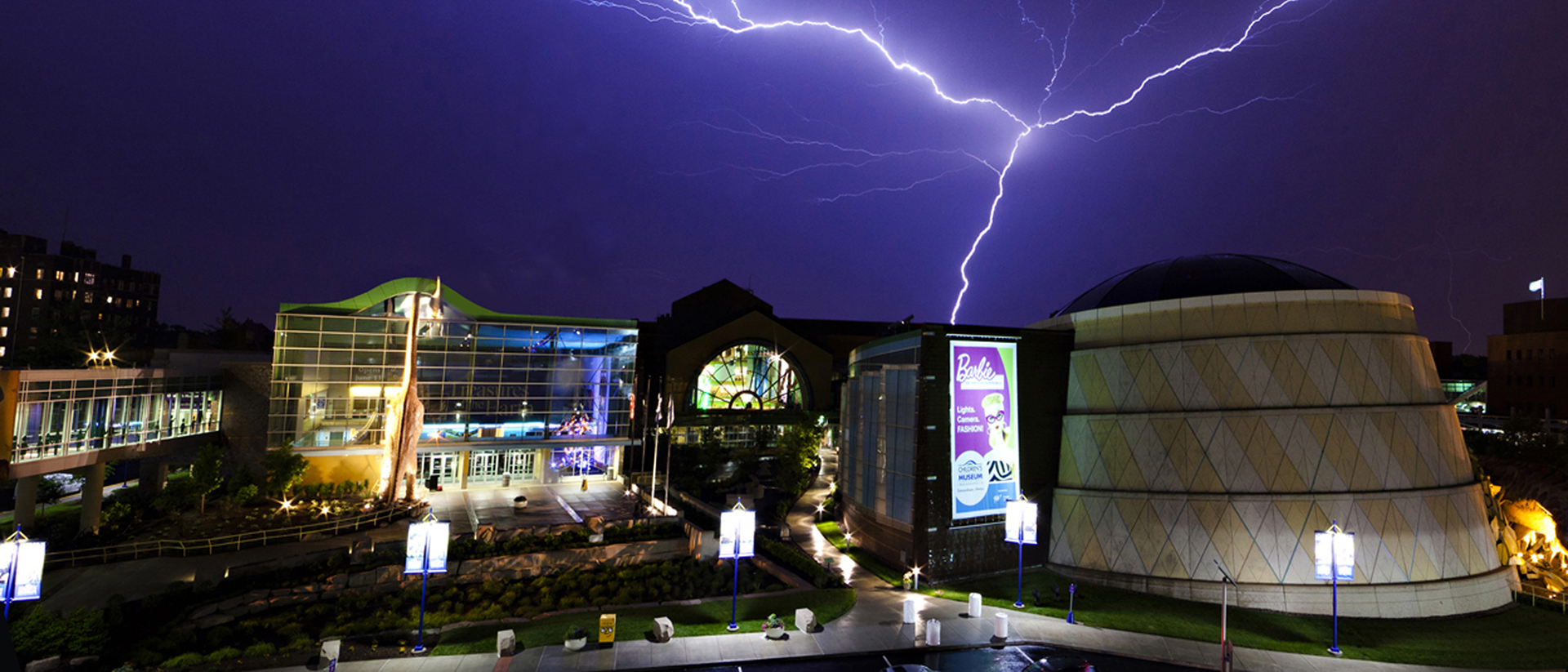 Exterior of the museum building being struck by lightning