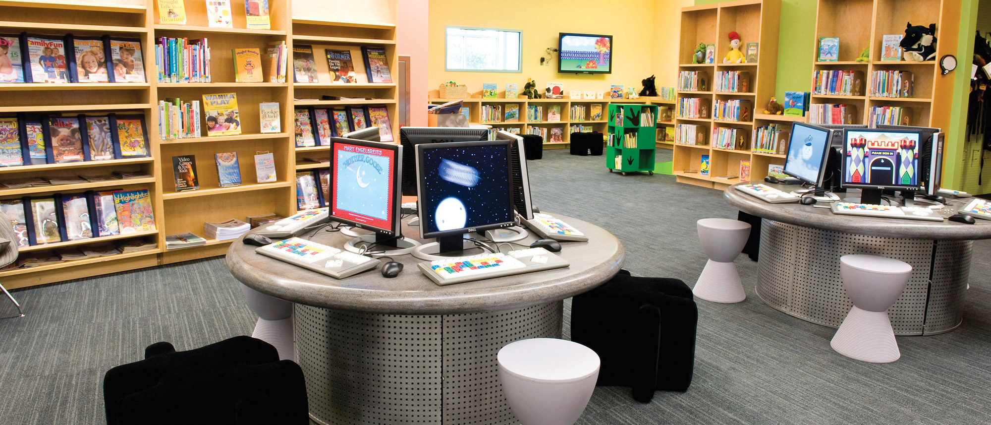 Shelves of books and computer stations