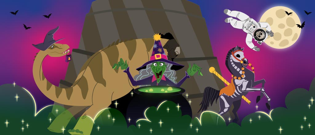 Cartoon-style image of dinosaur wearing witch hat, a witch with a caldron, a skeleton of a Carousel horse, and a skeleton wearing an astronaut suit.