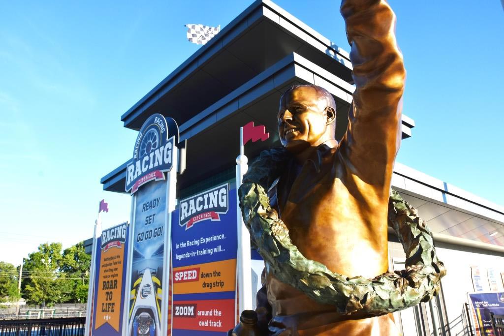 Statue of A.J. Foyt in front of the museum's mini Pagoda.