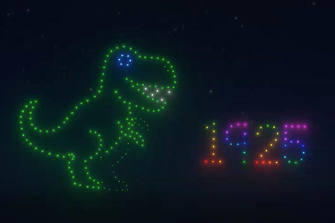 Concept drawing of drone show with a green T. rex and a colorful 1925.