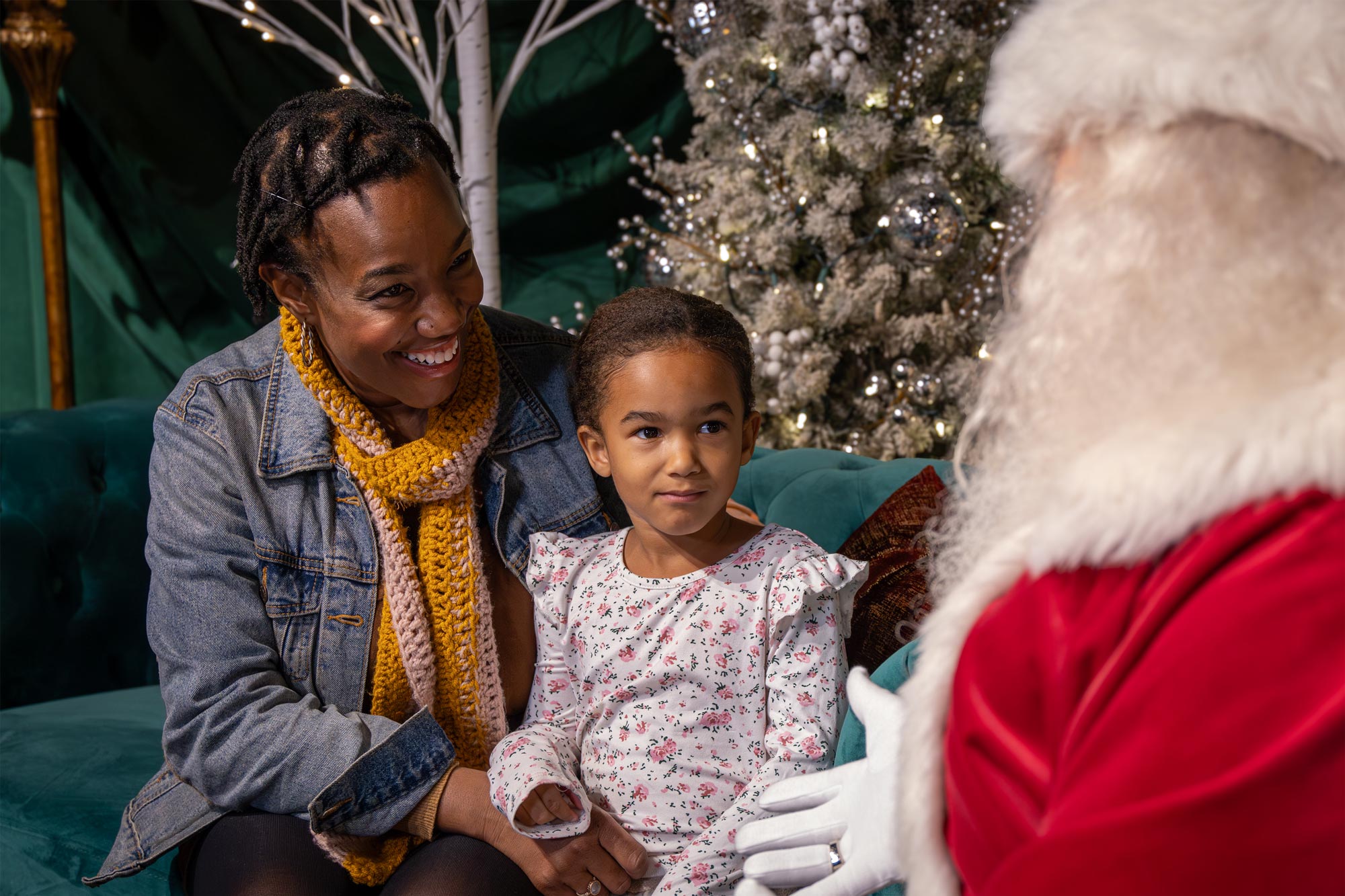 Grown-up and child talking with Santa. Santa's face is hidden.