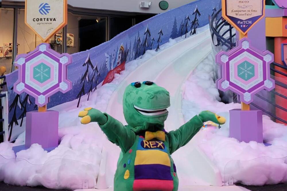 Mascot Rex at the bottom of WinterSlide