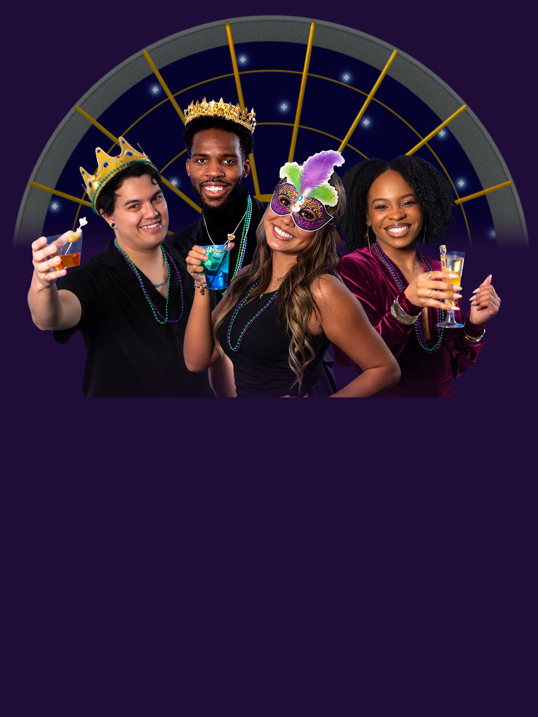 Adults holding drinks and dressed in Mardi Gras-inspired costumes.