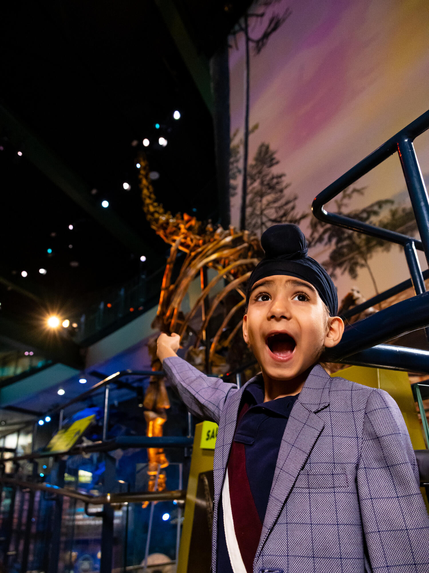 Child pointing in awe at a sauropod fossil in the exhibit.