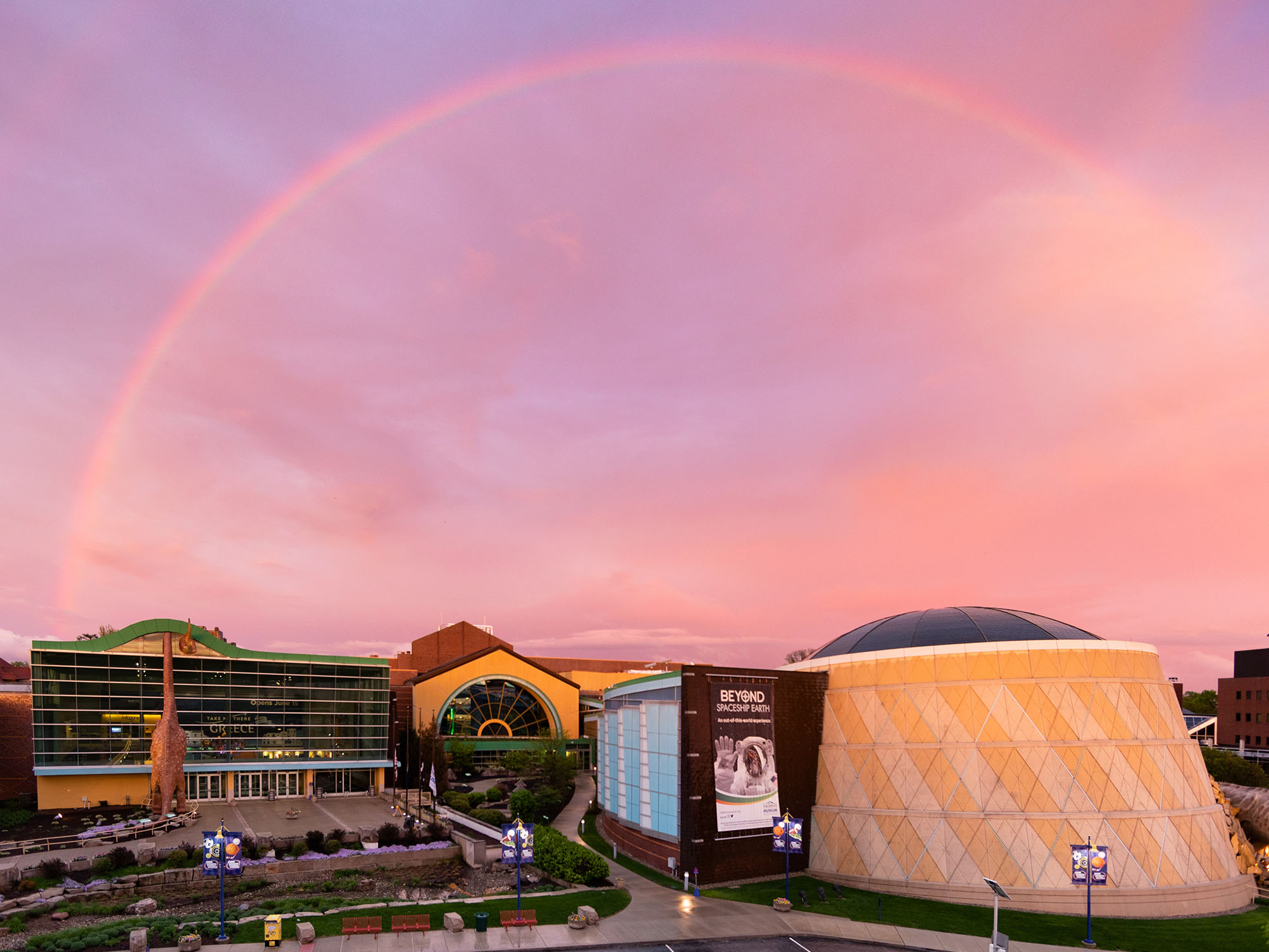 Exterior of the museum at the end of a rainbow.