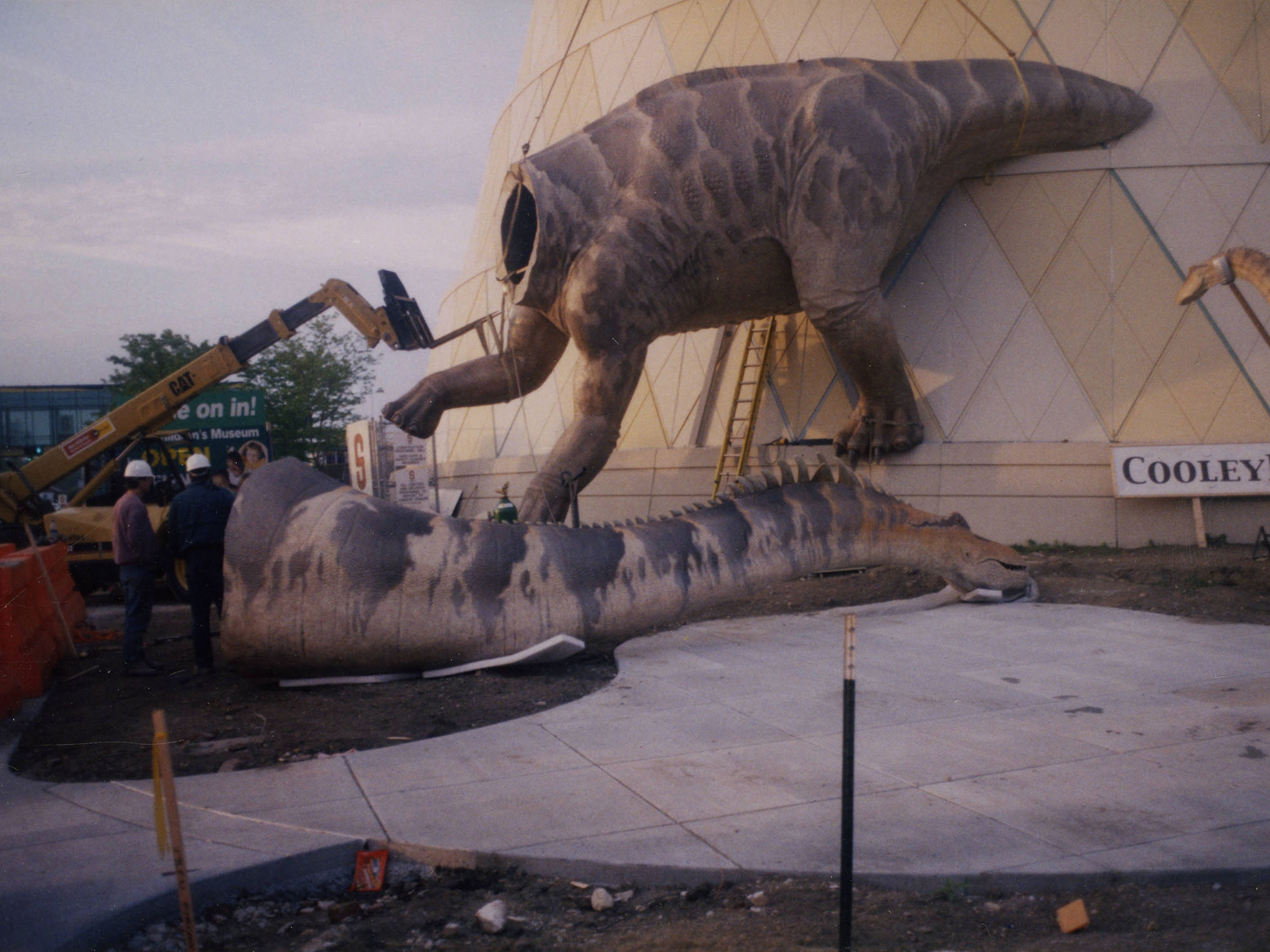 Archive photo of construction of dinosaur sculpture bursting out of museum.