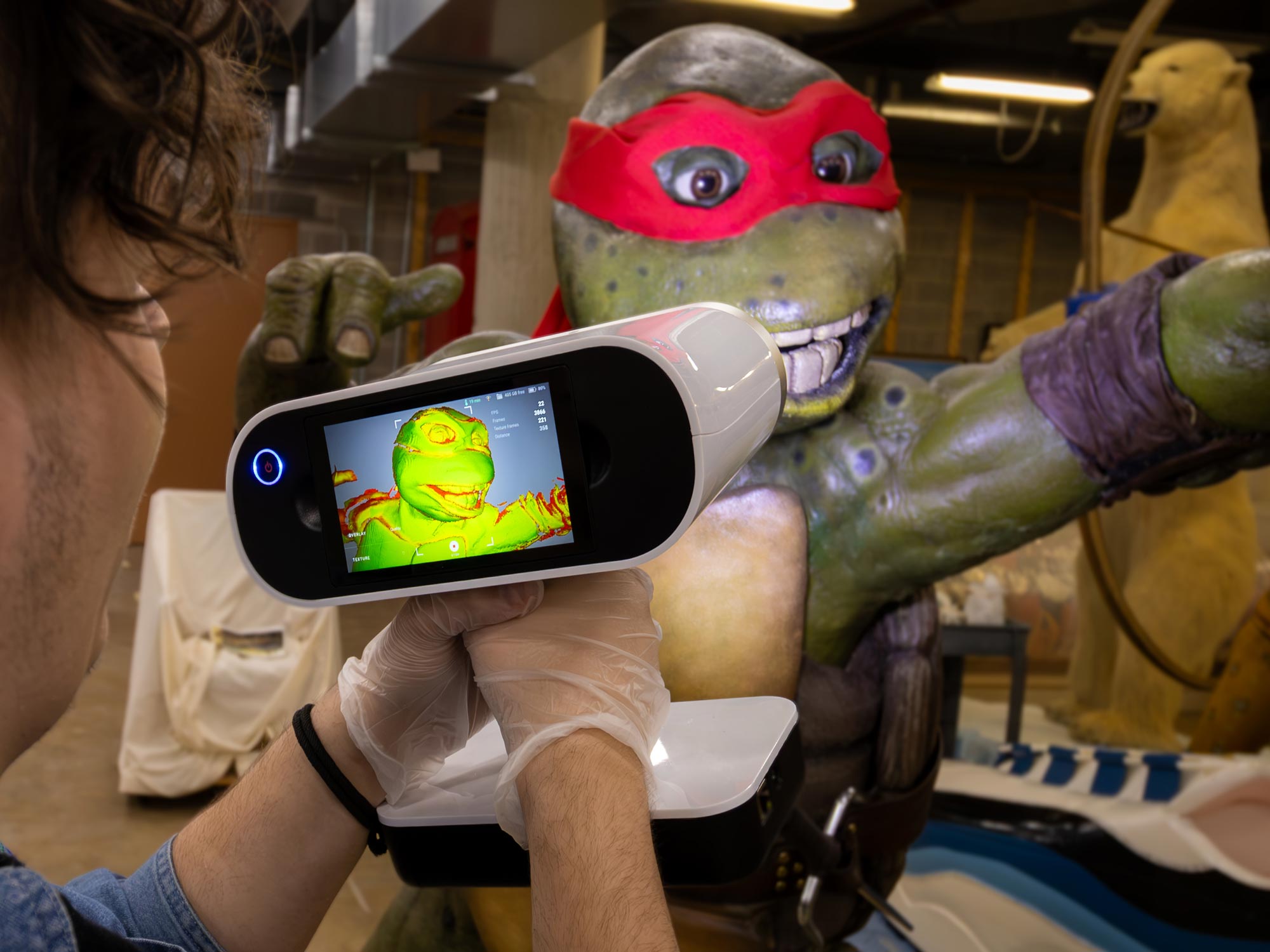 Artec Leo scanner scanning a Teenage Mutant Ninja Turtles Raphael costume.