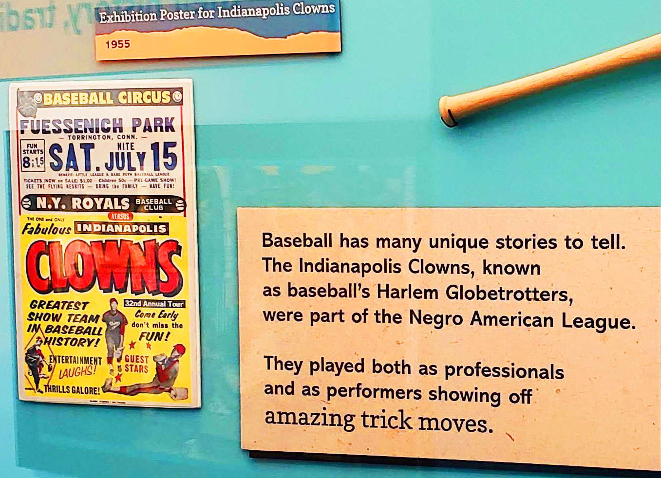 Exhibition poster for the Indianapolis Clowns in the Stories from Our Community display inside The Children's Museum of Indianapolis