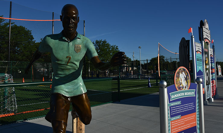DaMarcus Beasley statue in the Riley Children's Health Sports Legends Experience at The Children's Museum of Indianapolis