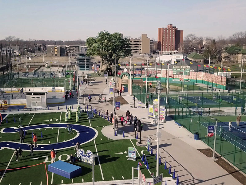 Drone shot of the Riley Children's Health Sports Legends Experience outdoor areas at The Children's Museum of Indianapolis