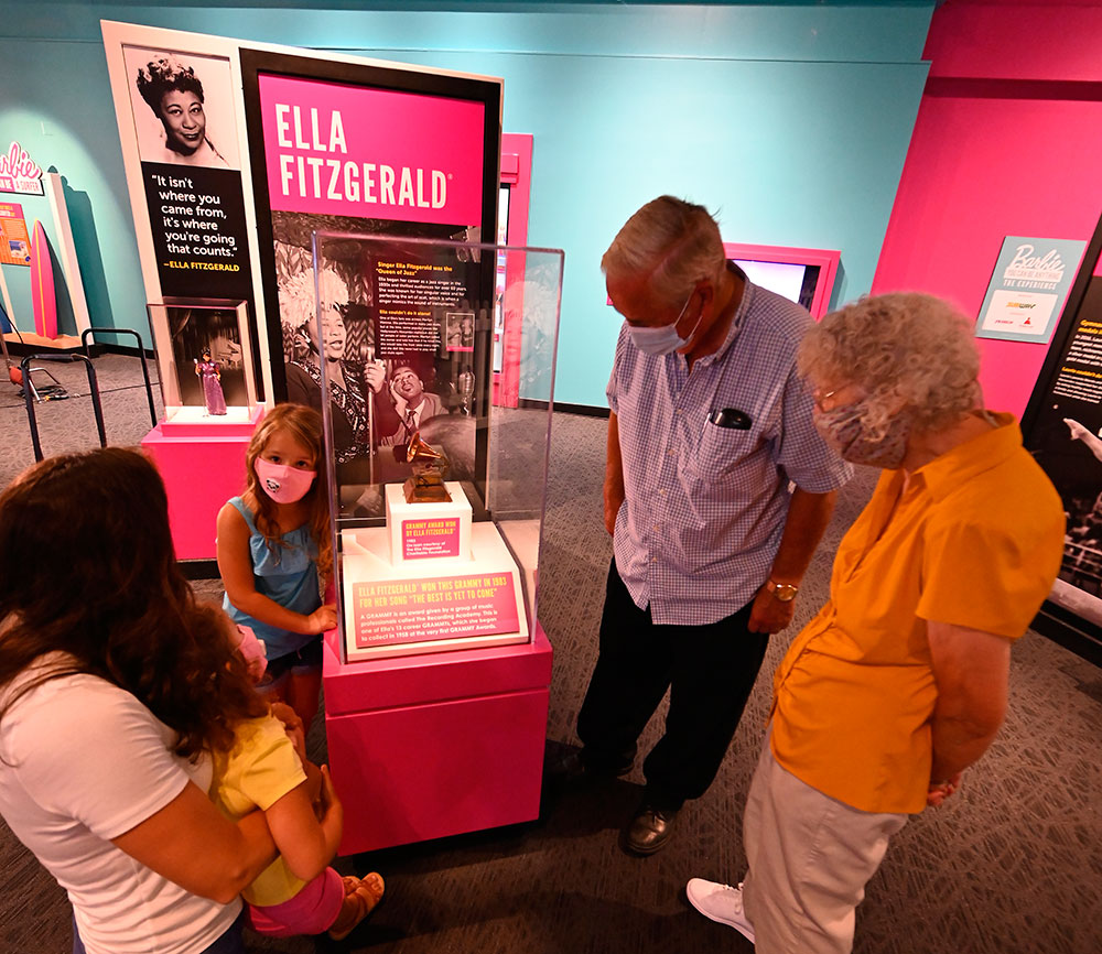 Ella Fitzgerald and one of her GRAMMYs on display in Barbie You Can Be Anything: The Experience at The Children's Museum of Indianapolis