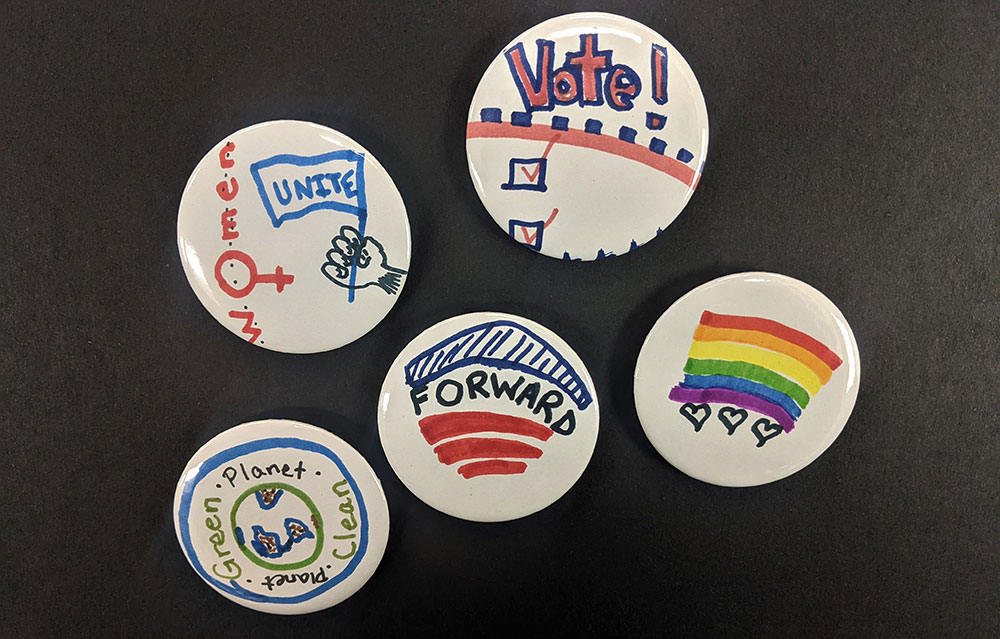 Homemade campaign buttons with The Children's Museum of Indianapolis