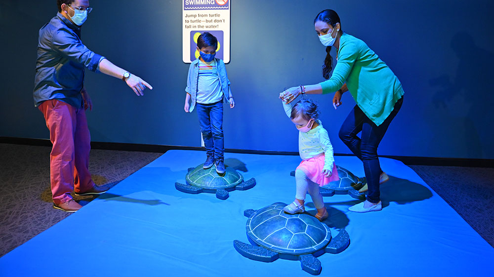 Balance on sea turtles in DC SUPER HEROES: Discover Your Superpowers at The Children's Museum of Indianapolis