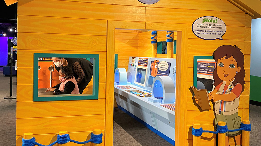 Practice helping rainforest animals in Diego's Animal Rescue Center inside Nickelodeon's Dora and Diego—Let's Explore! at The Children's Museum of Indianapolis