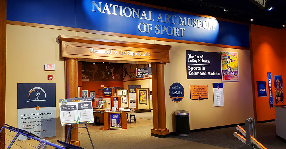 Entrance to the National Art Museum of Sport (NAMOS) in the Riley Children's Health Sports Legends Experience at The Children's Museum of Indianapolis