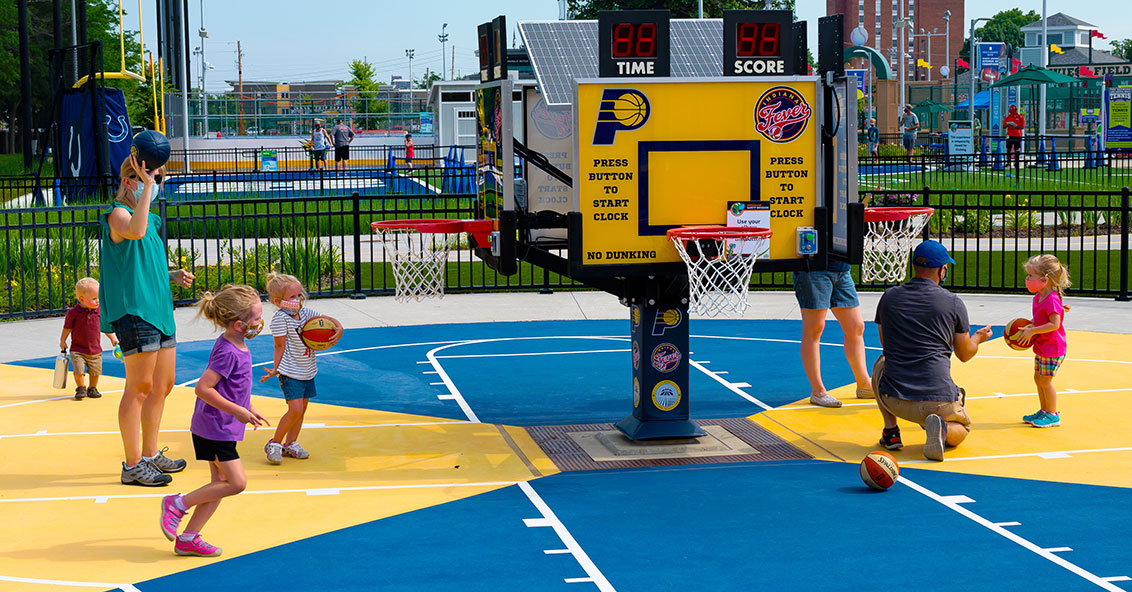 The Indiana Pacers and Indiana Fever Basketball Experience in the Riley Children's Health Sports Legends Experience at The Children's Museum of Indianapolis provides equipment for all ages and abilities. 