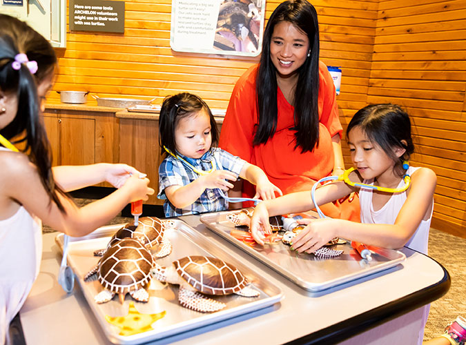 Children playing with baby sea turtles in Take Me There: Greece at The Children's Museum of Indianapolis