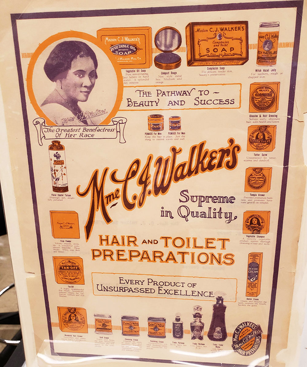 Advertisement for Madam C.J. Walker hair care products from the 1920s on display at The Children's Museum of Indianapolis