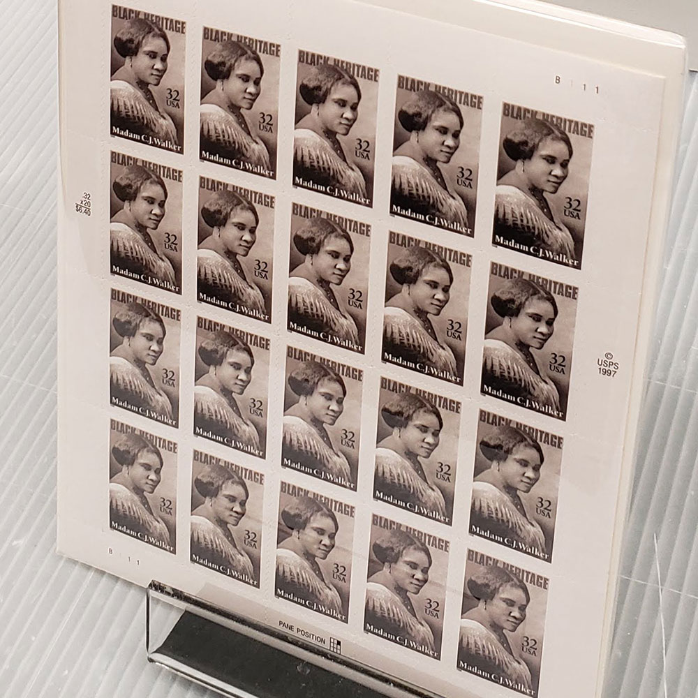 Postage stamps honoring Madam C.J. Walker on display at The Children's Museum of Indianapolis