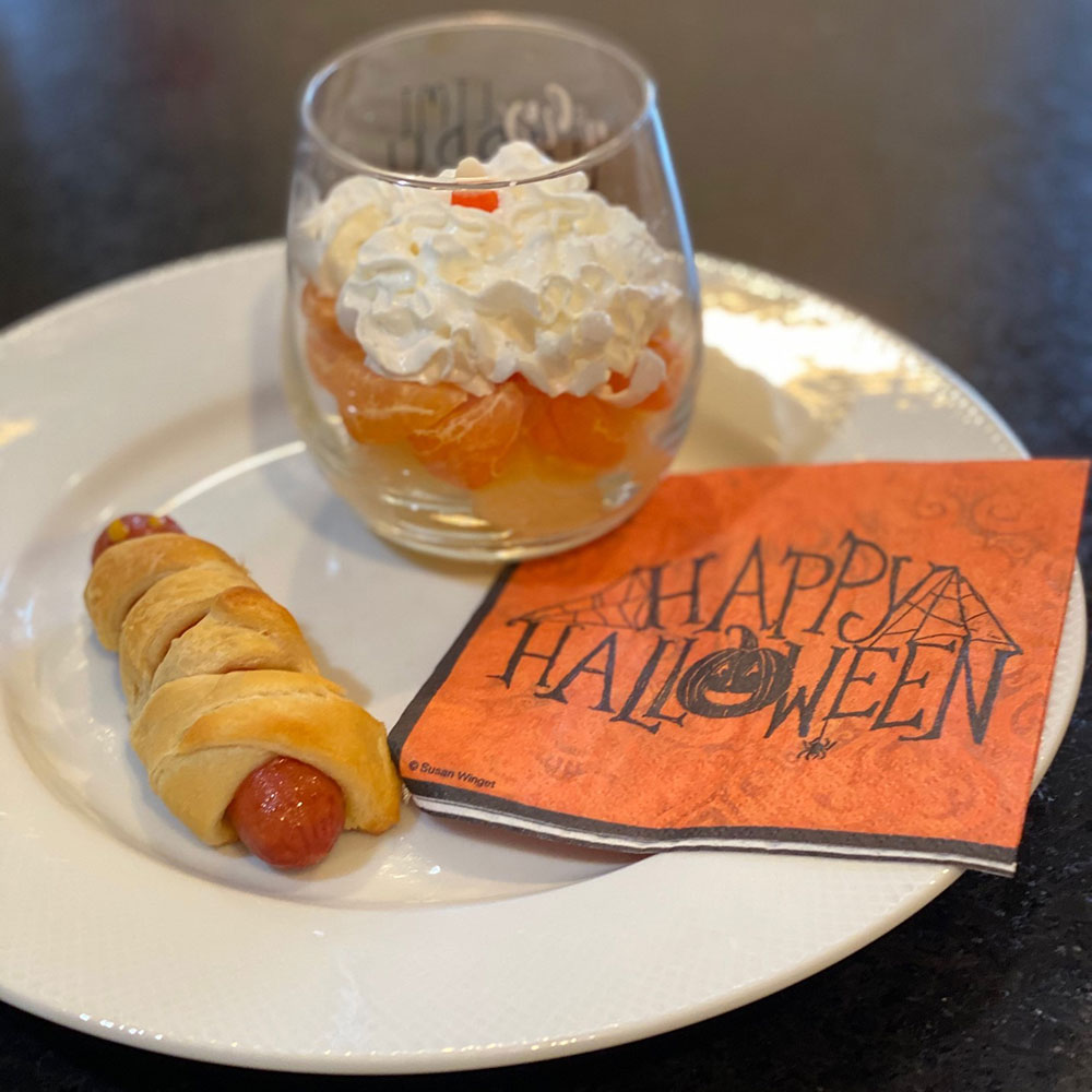 Mummy hot dogs and candy corn fruit cup from The Children's Museum Guild witches