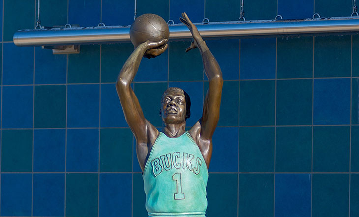 Oscar Robertson statue in the Riley Children's Health Sports Legends Experience at The Children's Museum of Indianapolis