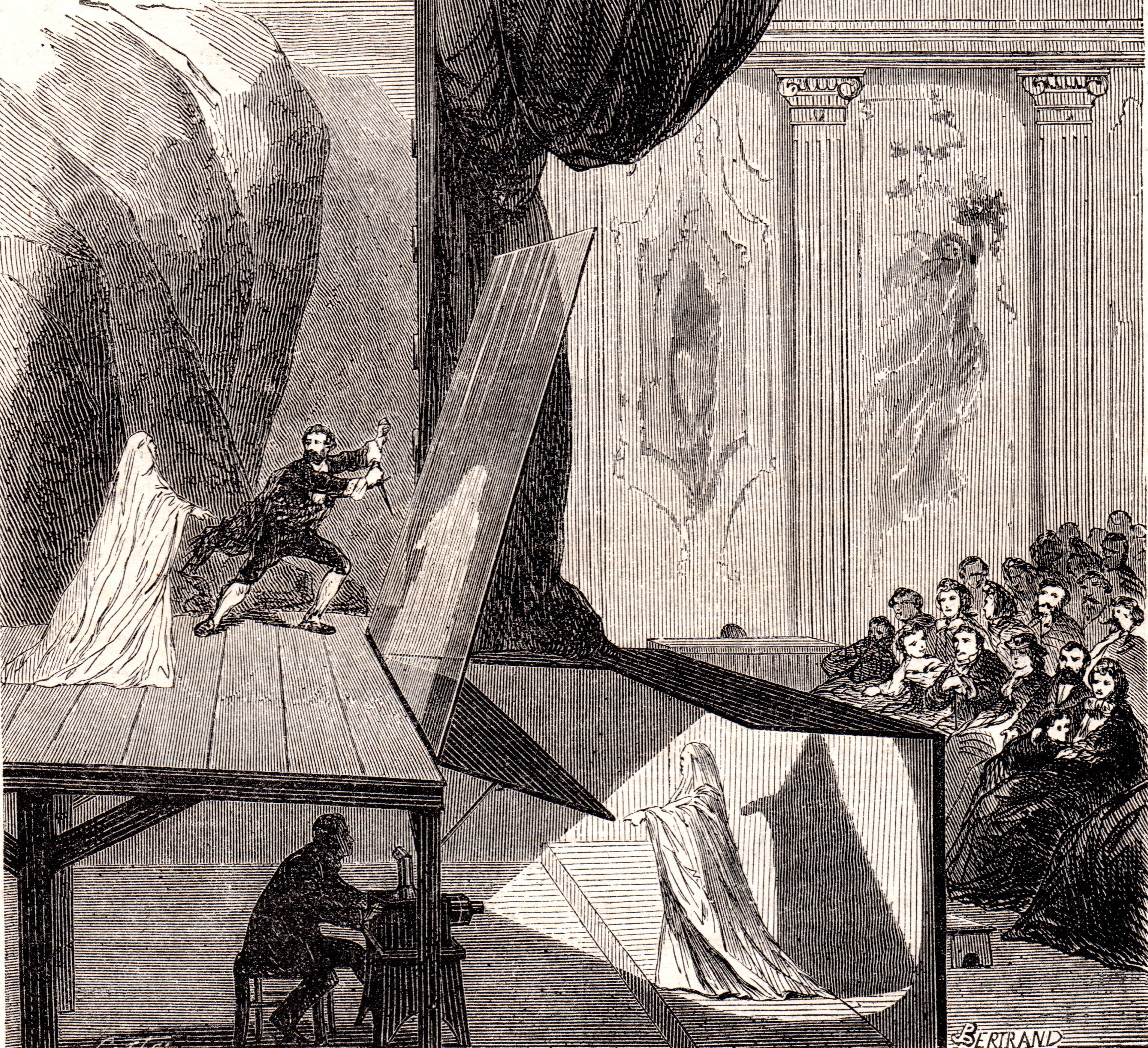 Illustration of Pepper's Ghost in a theatre