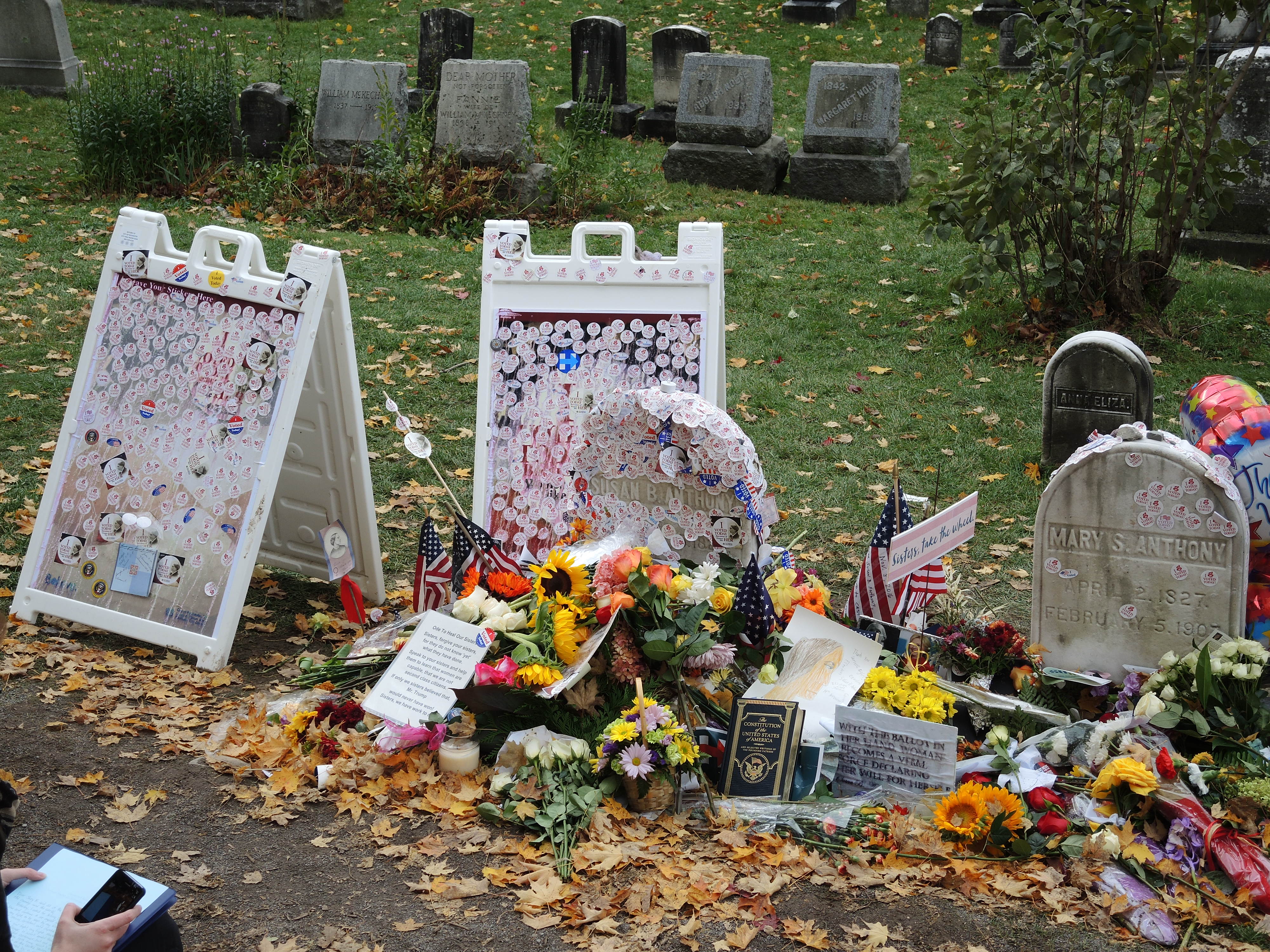 "I voted" stickers on Susan B. Anthony's gravestone