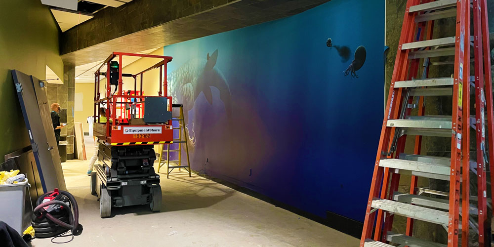 Installing giant murals in Monsters of the Mesozoic Seas inside the new Dinosphere