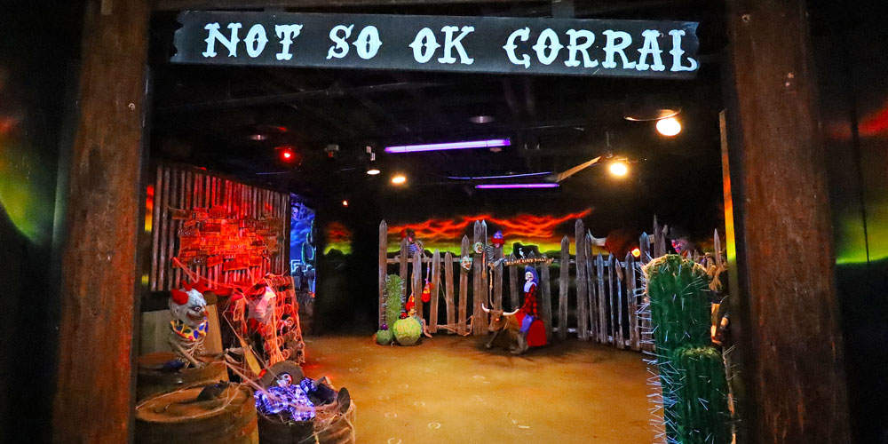 Entrance to the Not-So-OK-Corral in the Frightful Frontier Haunted House at The Children's Museum of Indianapolis.