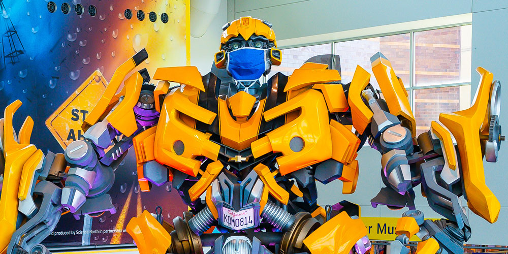 Autobot Bumblebee from the 2007 film Tranformers inside the Welcome Center at The Children's Museum of Indianapolis.