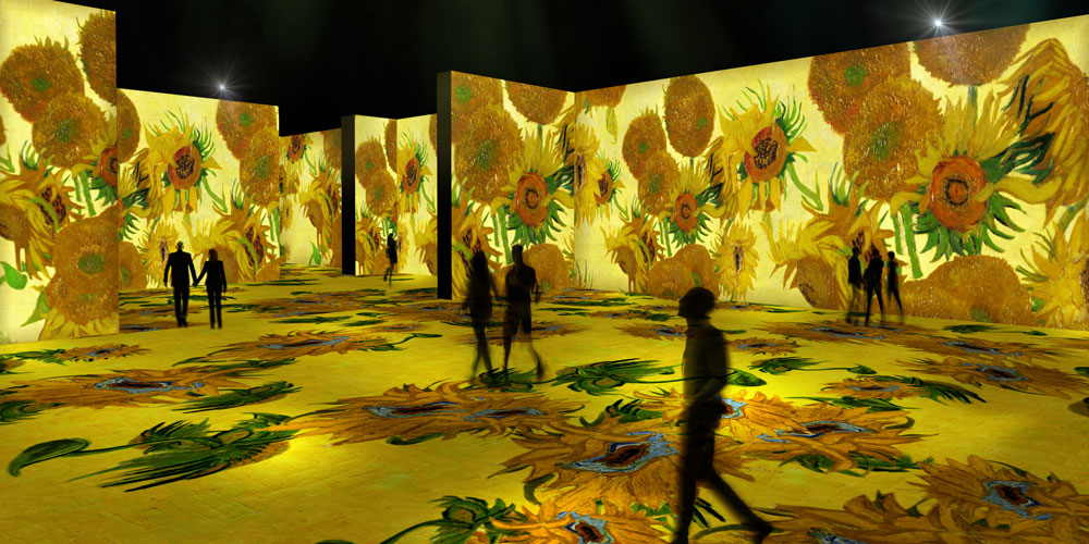 Silhouettes of people walking in front of projections of sunflowers on the floor and walls at THE LUME at Newfields