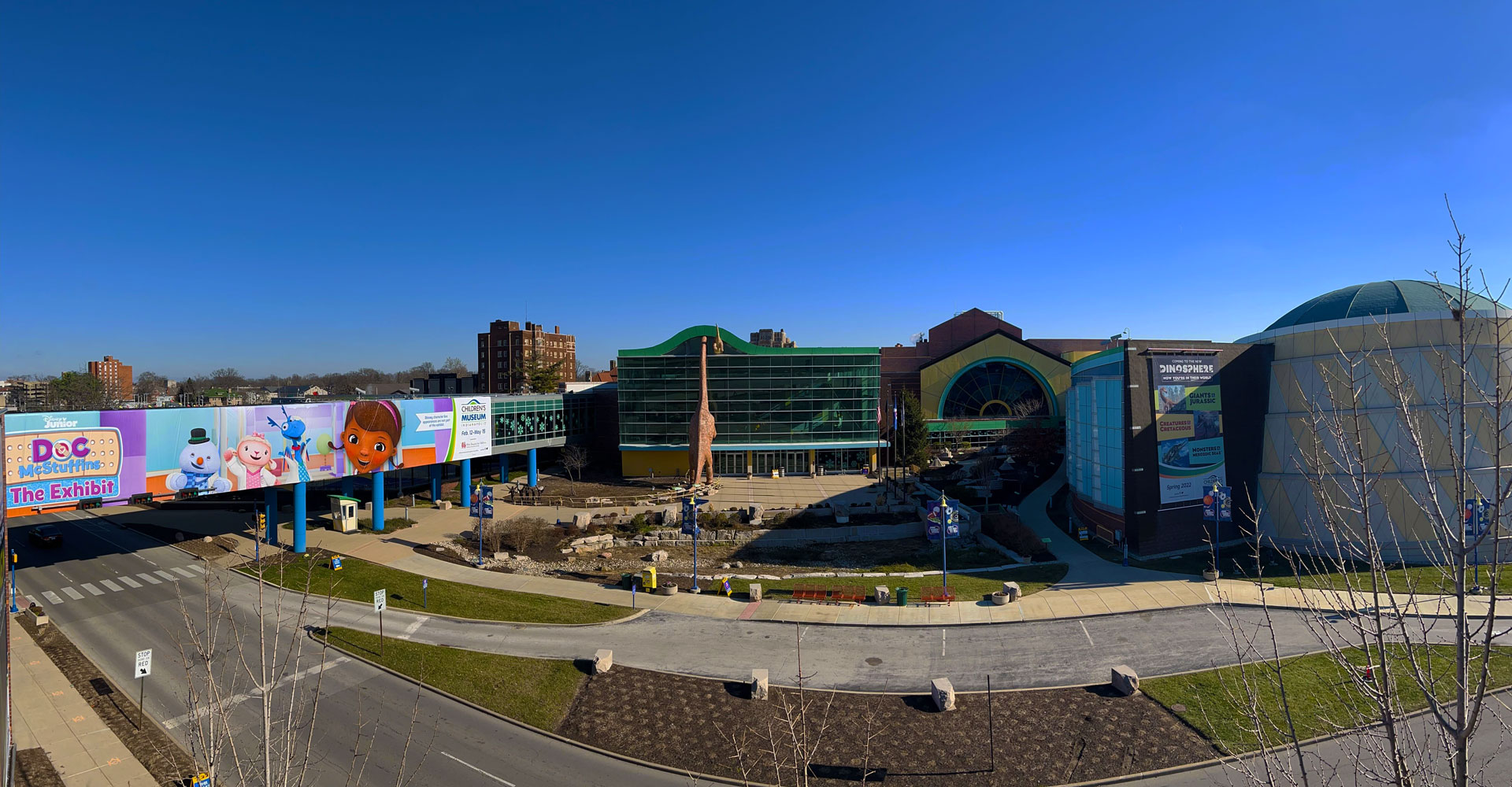The Children's Museum exterior with the Skywalk featuring Doc McStuffins: The Exhibit