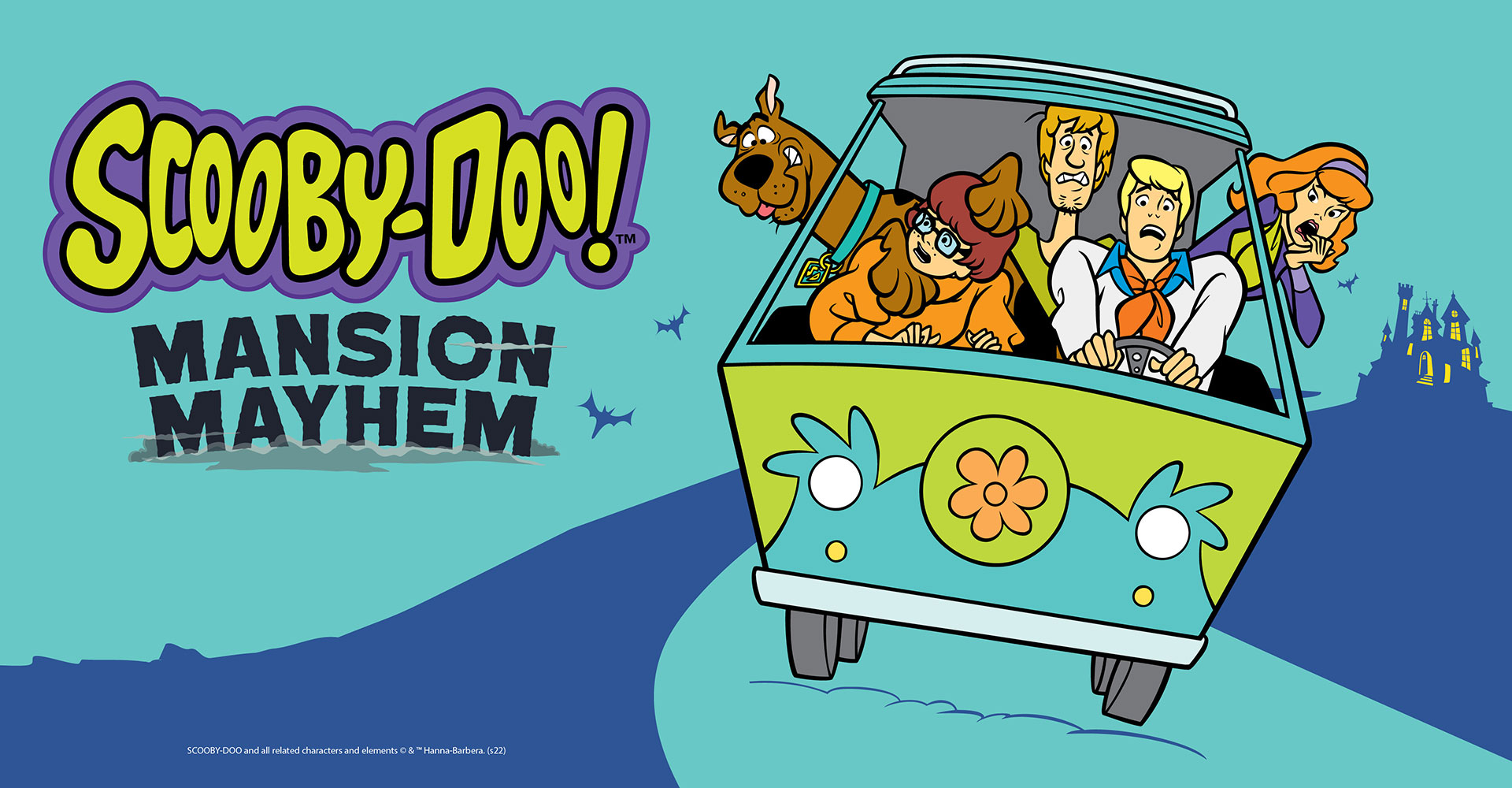Logo for SCOOBY-DOO Mansion Mayhem exhibit. Scooby, Velma, Shaggy, Fred, and Daphne are sitting in The Mystery Machine with the silhouette of a mansion in the background.