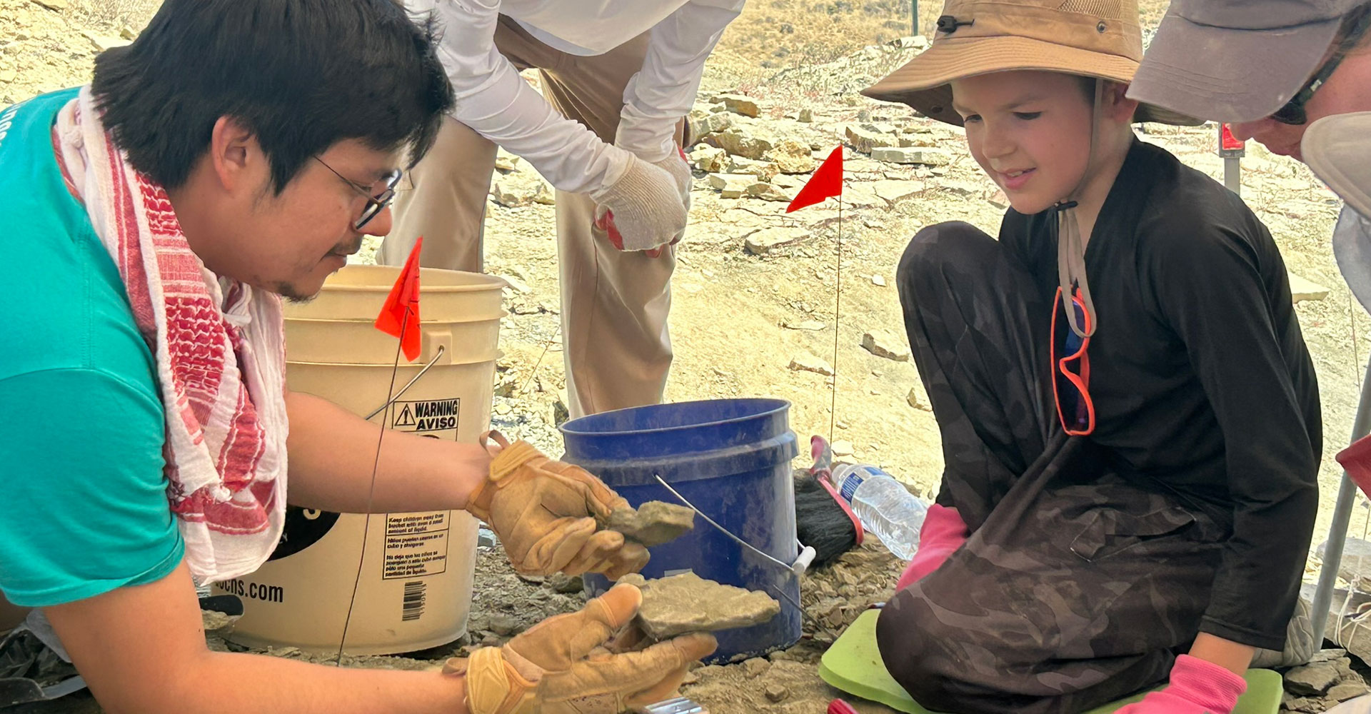 Child and paleontologists looking at a fossil.