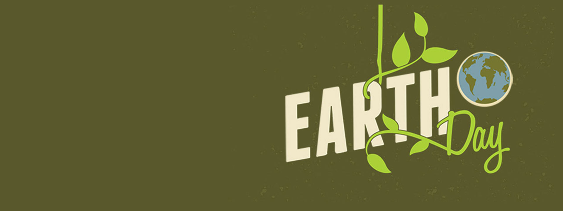 Stylized Earth Day logo with a drawing of the earth and some vines against an olive green background.