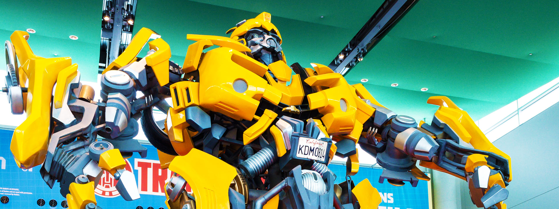 Close up of Autobot Bumblebee's head, chest, and arms in the Welcome Center at The Children's Museum.