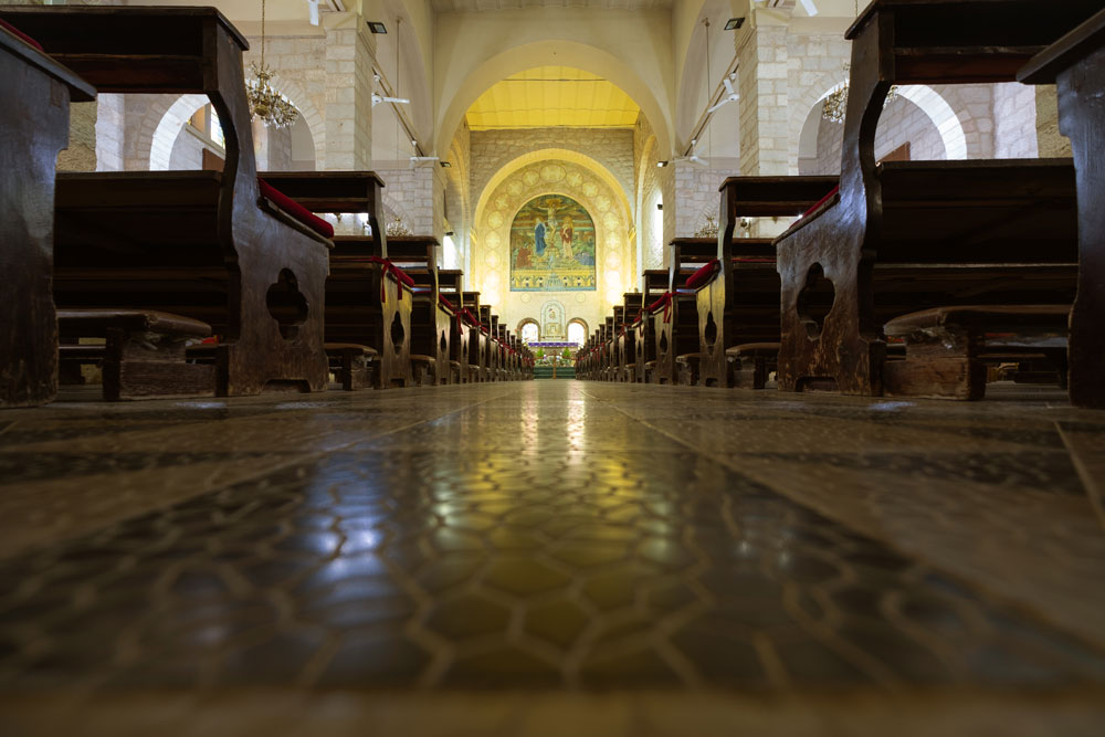 Interior of Beheading of St. John the Baptist Catholic Church in Madaba, Jordan.