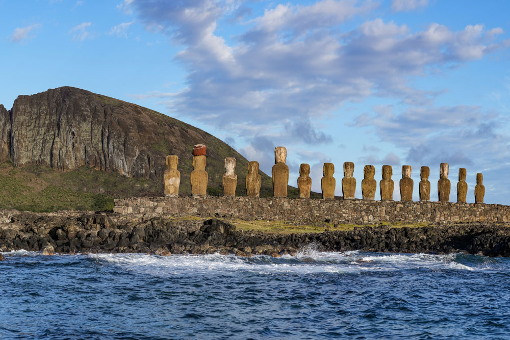 Moai on a beach on Rapa Nui island.